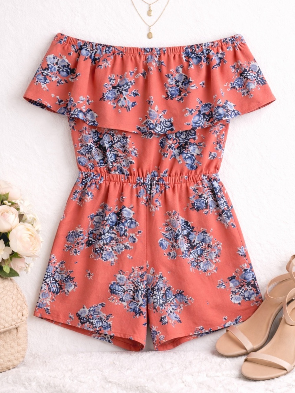 Coral Off-Shoulder Floral Romper